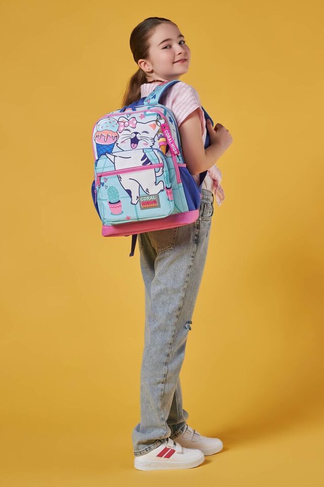 Coral High Kids Turkuaz Pembe Dondurmalı Kedi Desenli Okul Sırt Çantası 23751 Turkuaz Pembe