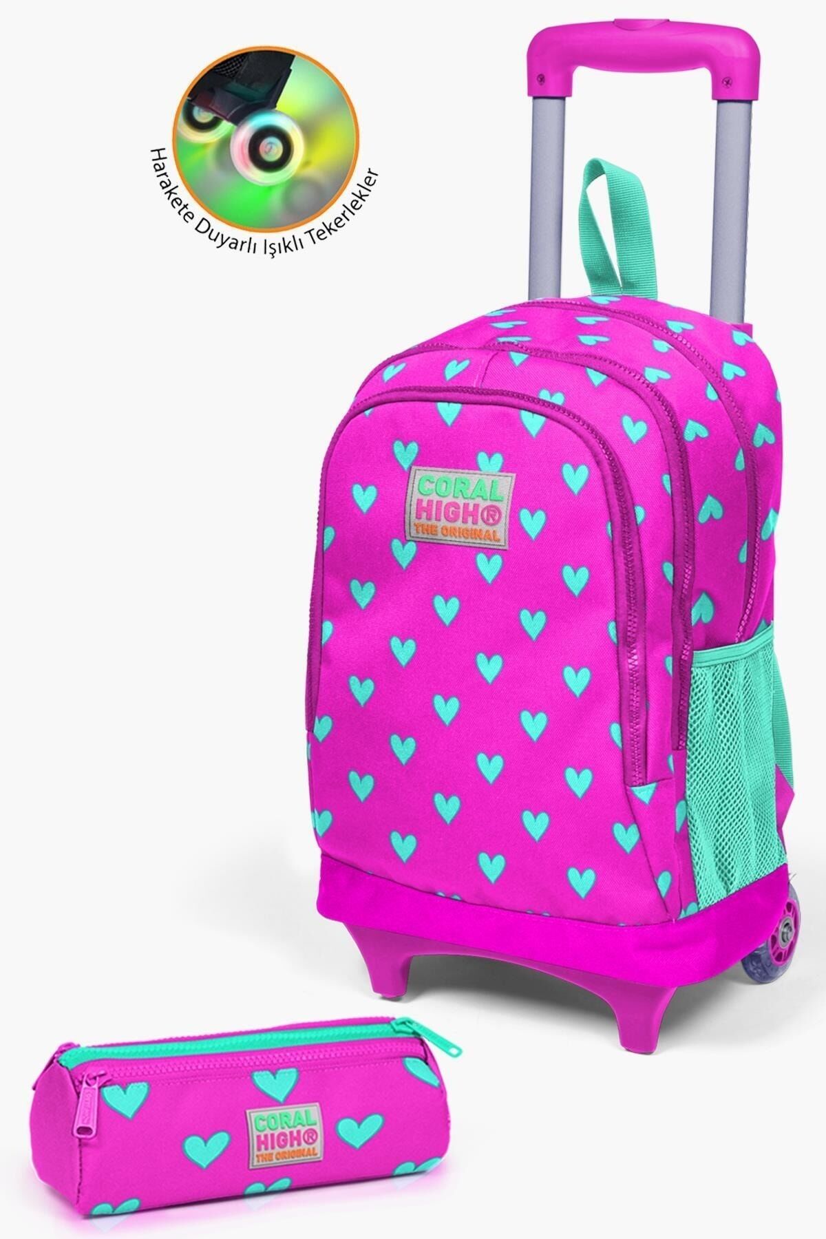 Kids Neon Pembe Su Yeşili Kalp Desenli Çekçekli 2'li Çanta Seti SET0223133