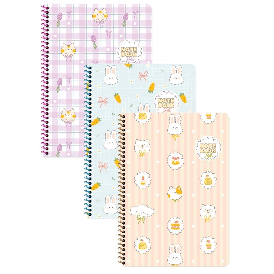 Keskin Color Kawaii Çizgili Stickerli Defter Seti 3 Adet | 16,5 x 22,5 cm | Spiralli – 80 Yaprak