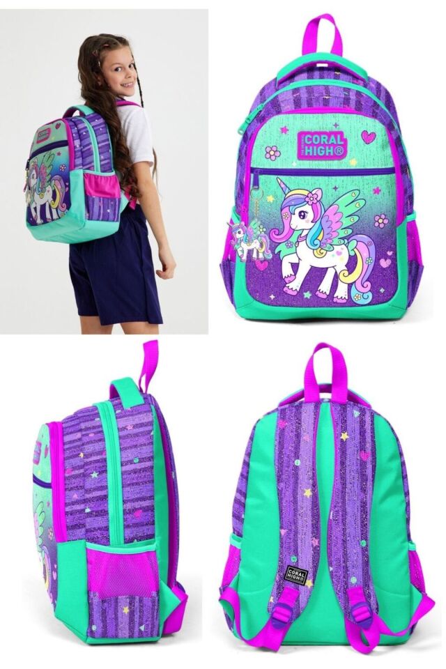 Kids Mor Su Yeşili Unicorn Desenli 3’lü Okul Çanta Seti - Kız Çocuk