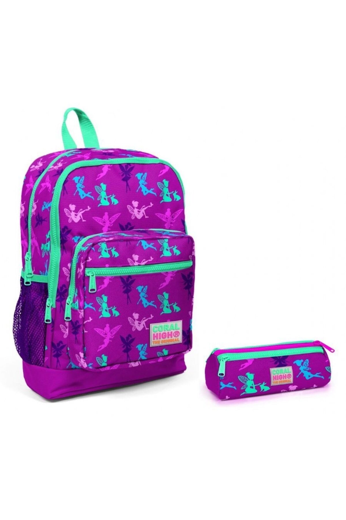 Coral High Kız Çocuk Peri Baskılı Ilkokul Çantası Ve Kalemlik Takım - Mor/yeşil