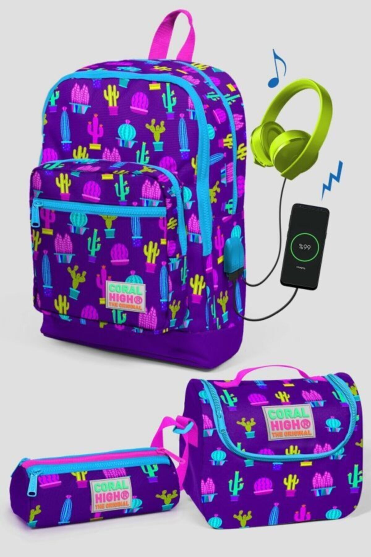 Coral High Mor Kaktüs Desenli Okul Çanta Seti - Kız Çocuk