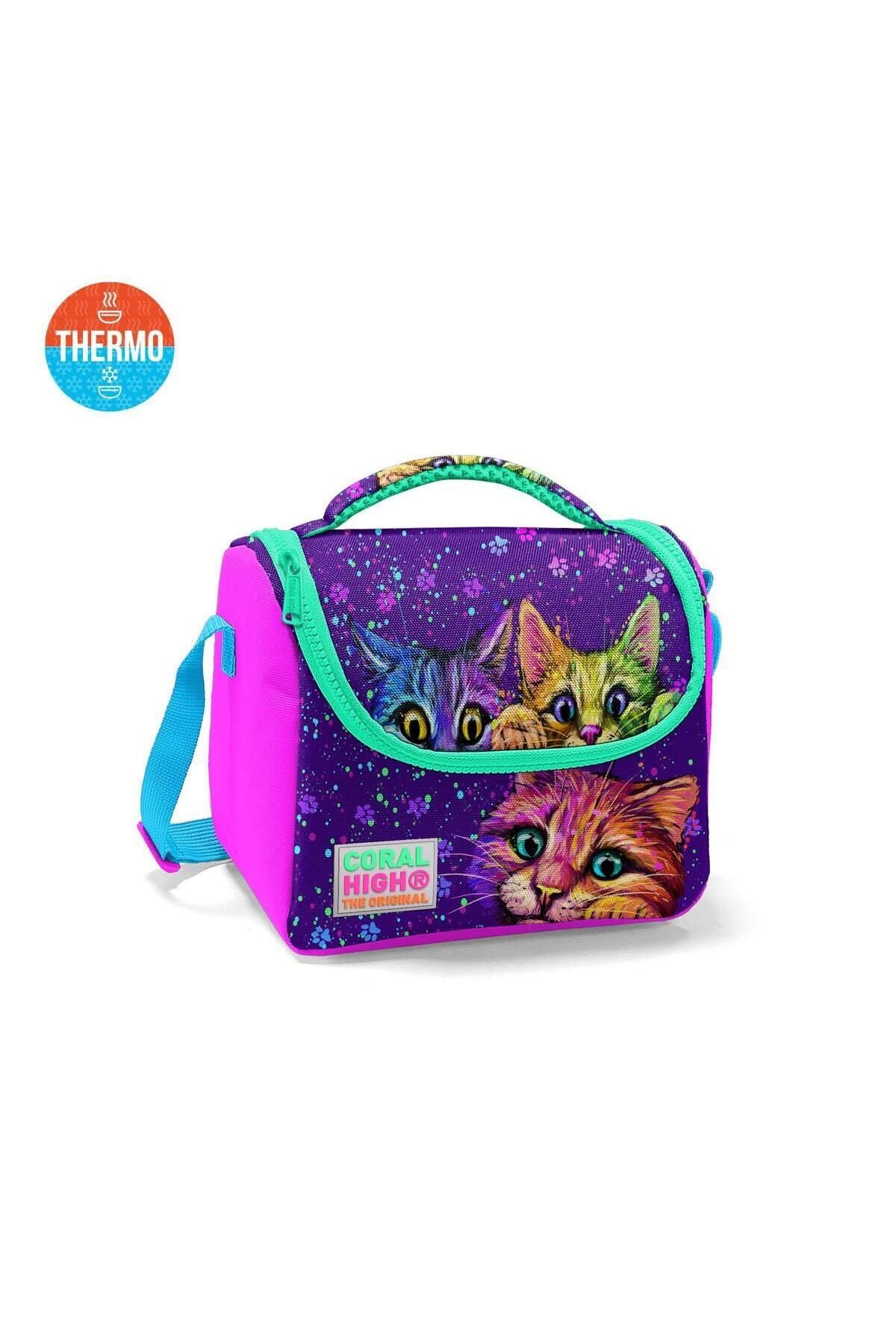 Coral High Kids Pembe Mor Kedi Desenli Thermo Beslenme Çantası