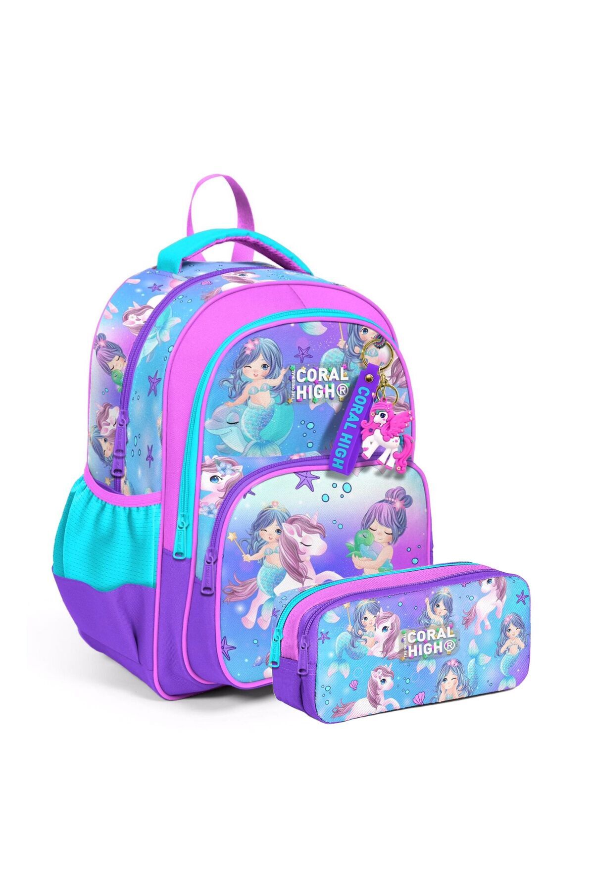 Kids Mor Pembe Unicorn Deniz Kızı Desenli Üç Bölmeli Okul Sırt Çanta  Ve Kalemlik Seti Pembe