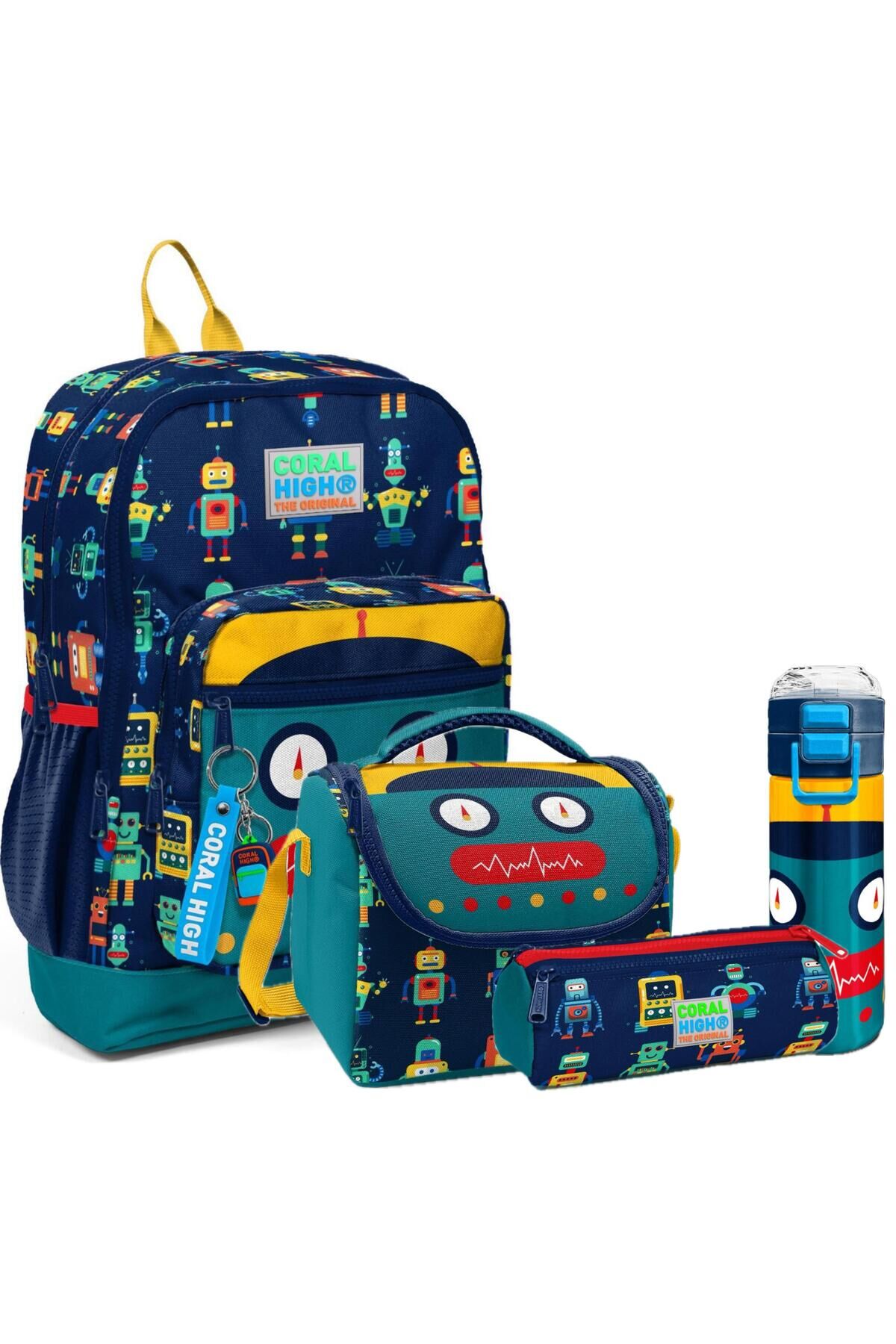 Kids 4'lü Çanta Seti (4 Bölmeli Çanta-beslenme-kalemlik-matara) Robot