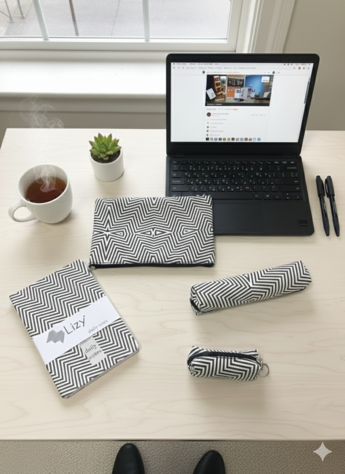 Adalinhome Lizy Modern Geometrik Desen Günlük&Ofis Seti (Defter-Akseuar Çantası-Kalemlik-Para Çantası)