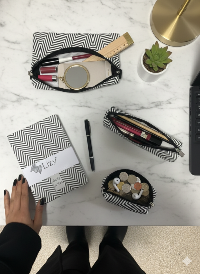 Adalinhome Lizy Modern Geometrik Desen Günlük&Ofis Seti (Defter-Akseuar Çantası-Kalemlik-Para Çantası)