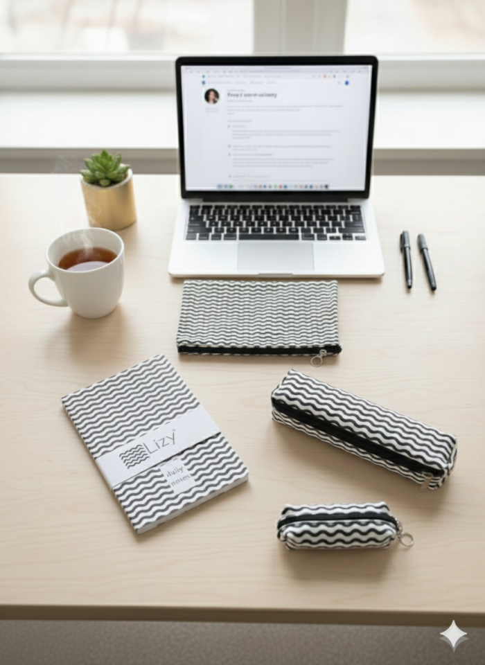 Adalinhome Lizy Modern Geometrik Desen Günlük&Ofis Seti (Defter-Akseuar Çantası-Kalemlik-Para Çantası)