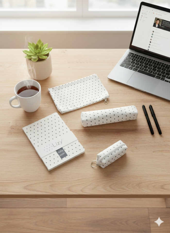 Adalinhome Lizy Modern Geometrik Desen Günlük&Ofis Seti (Defter-Akseuar Çantası-Kalemlik-Para Çantası)