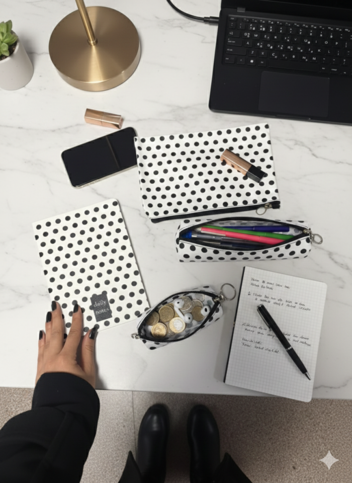 Adalinhome Lizy Modern Geometrik Desen Günlük&Ofis Seti (Defter-Akseuar Çantası-Kalemlik-Para Çantası)