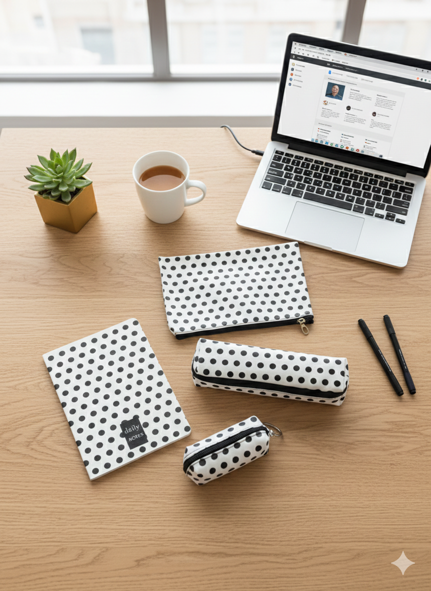 Adalinhome Lizy Modern Geometrik Desen Günlük&Ofis Seti (Defter-Akseuar Çantası-Kalemlik-Para Çantası)