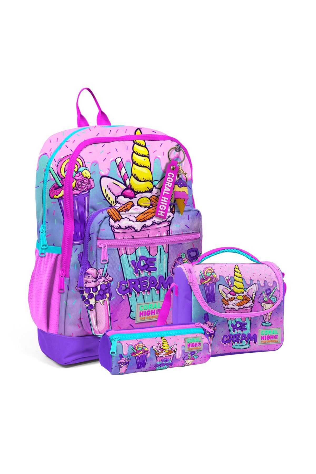 Kids Pembe Mor Milkshake Dondurma Desenli Okul Sırt Çanta Seti 23749 Pembe