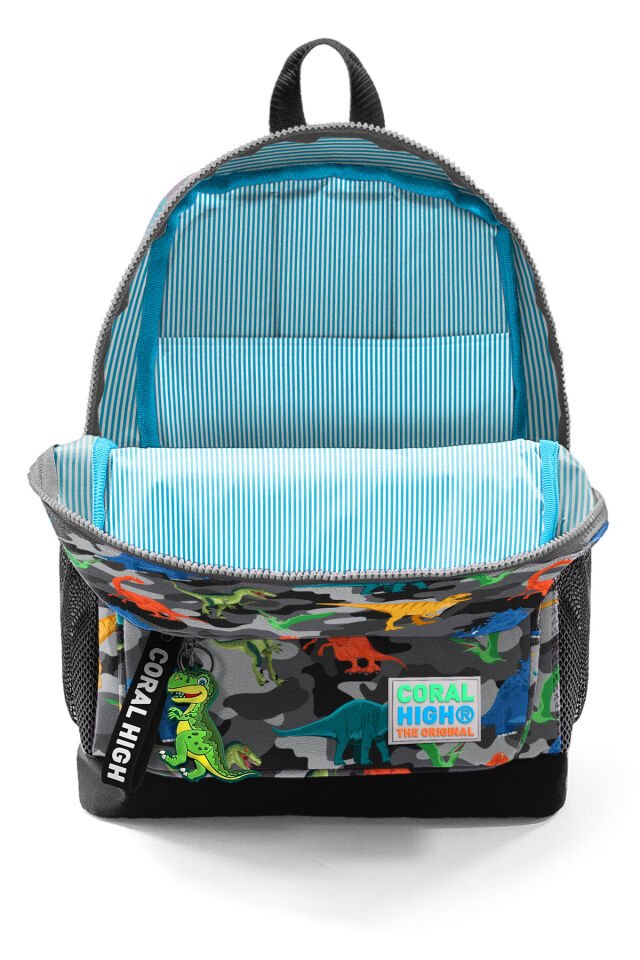 Kids Koyu Gri Siyah Kamuflaj Dinozor Desenli Dört Bölmeli Okul Sırt Çantası 23474