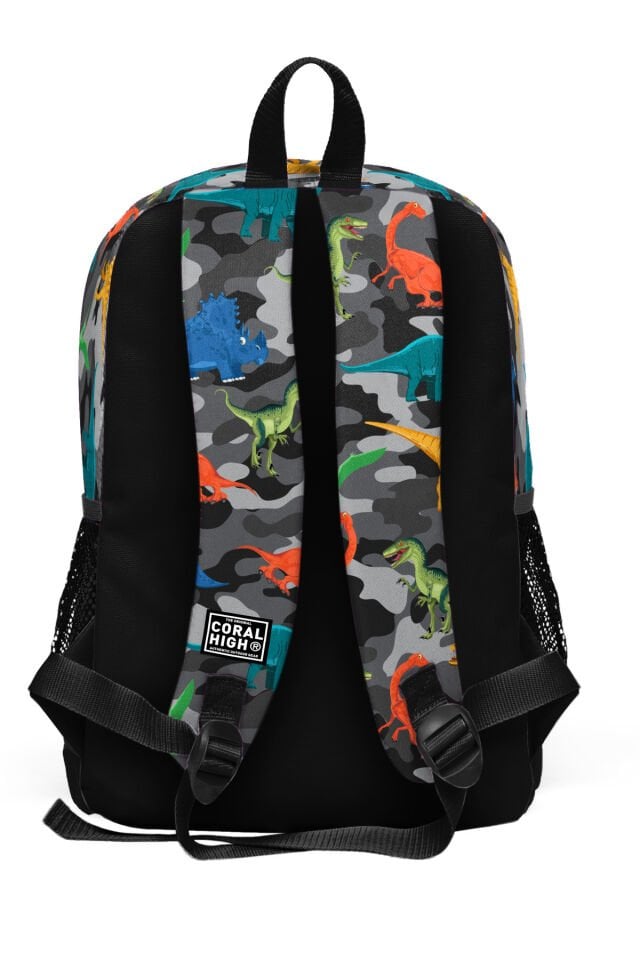 Kids Koyu Gri Siyah Kamuflaj Dinozor Desenli Dört Bölmeli Okul Sırt Çantası 23474