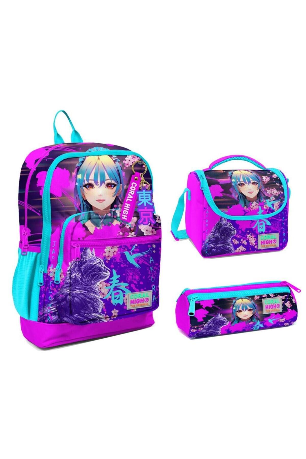 Coral High 23753 İlkokul Sırt Çantası + Beslenme Çantası + Kalem Kutusu 3'lü Set