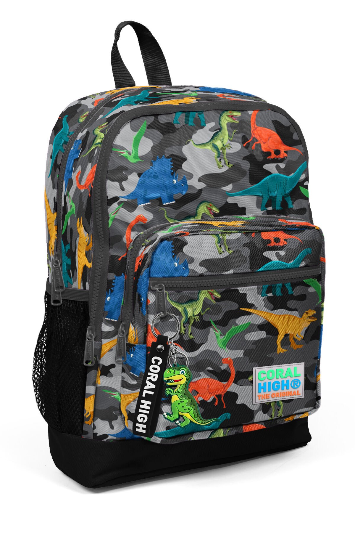Kids Koyu Gri Siyah Kamuflaj Dinozor Desenli Dört Bölmeli Okul Sırt Çantası 23474