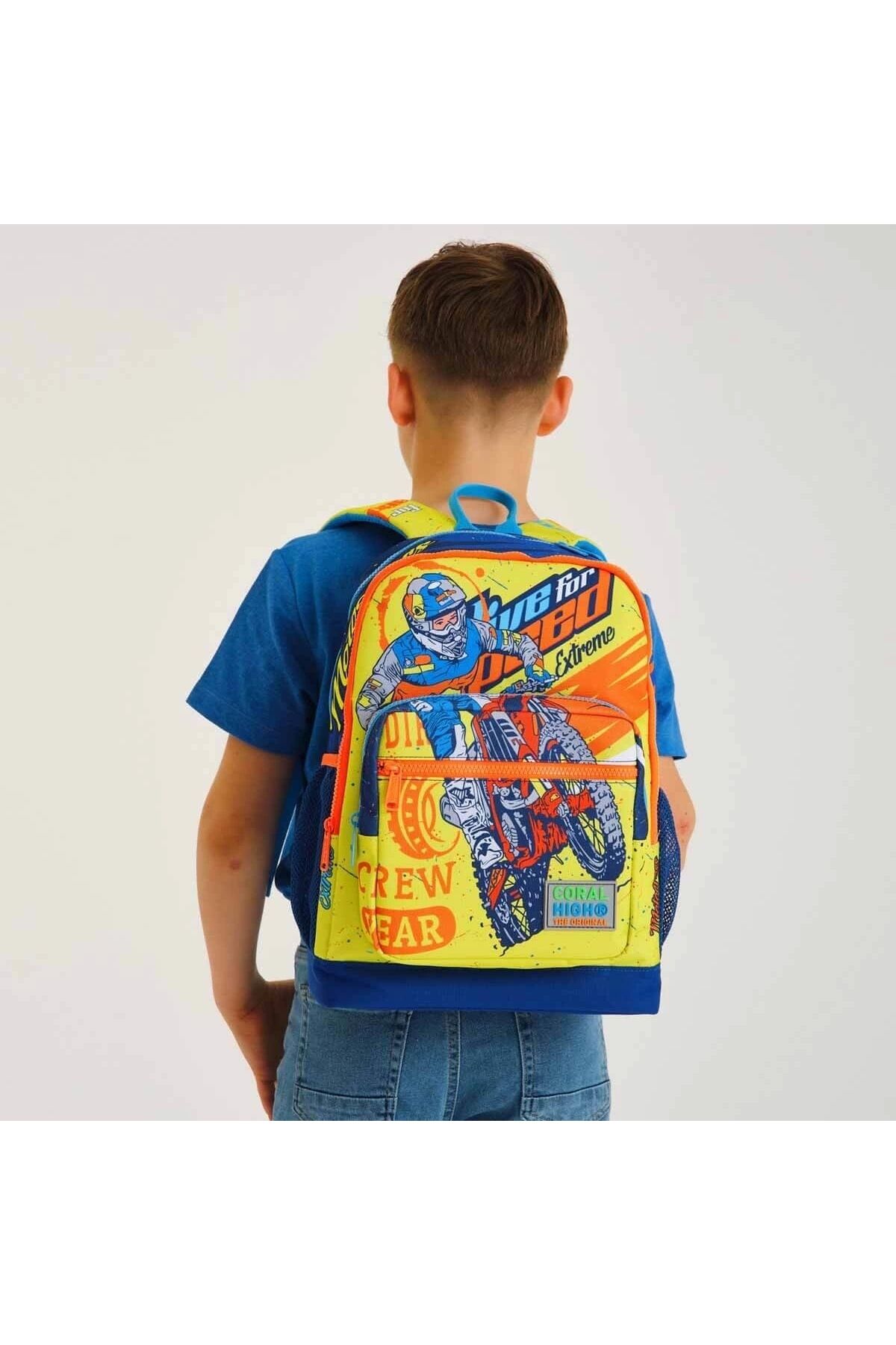 Coral High Kids Fosforlu Sarı Saks Motorsiklet Desenli Dört Bölmeli Okul Sırt Çantası 23742