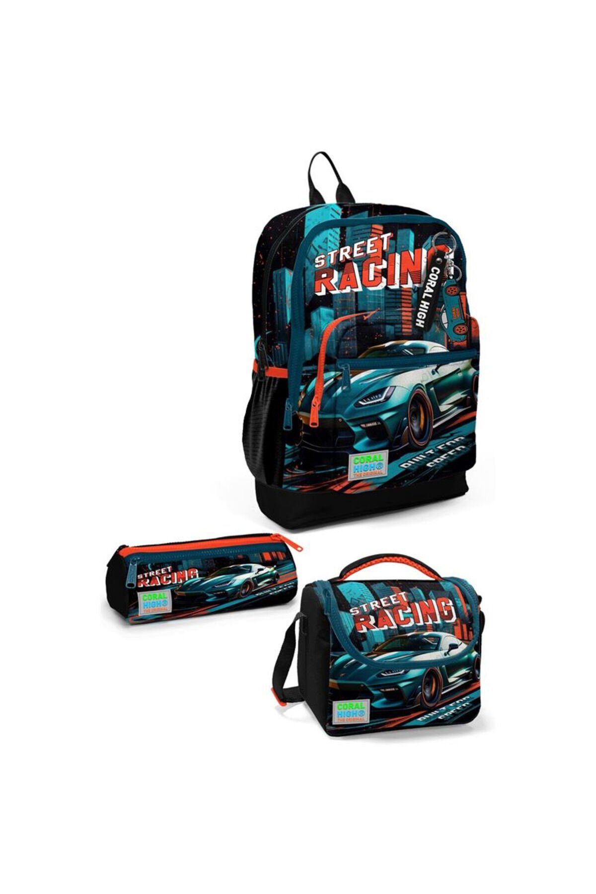Coral Hıgh Siyah Nefti Yarış Arabası Desenli 3 Lü Okul Çantası Seti