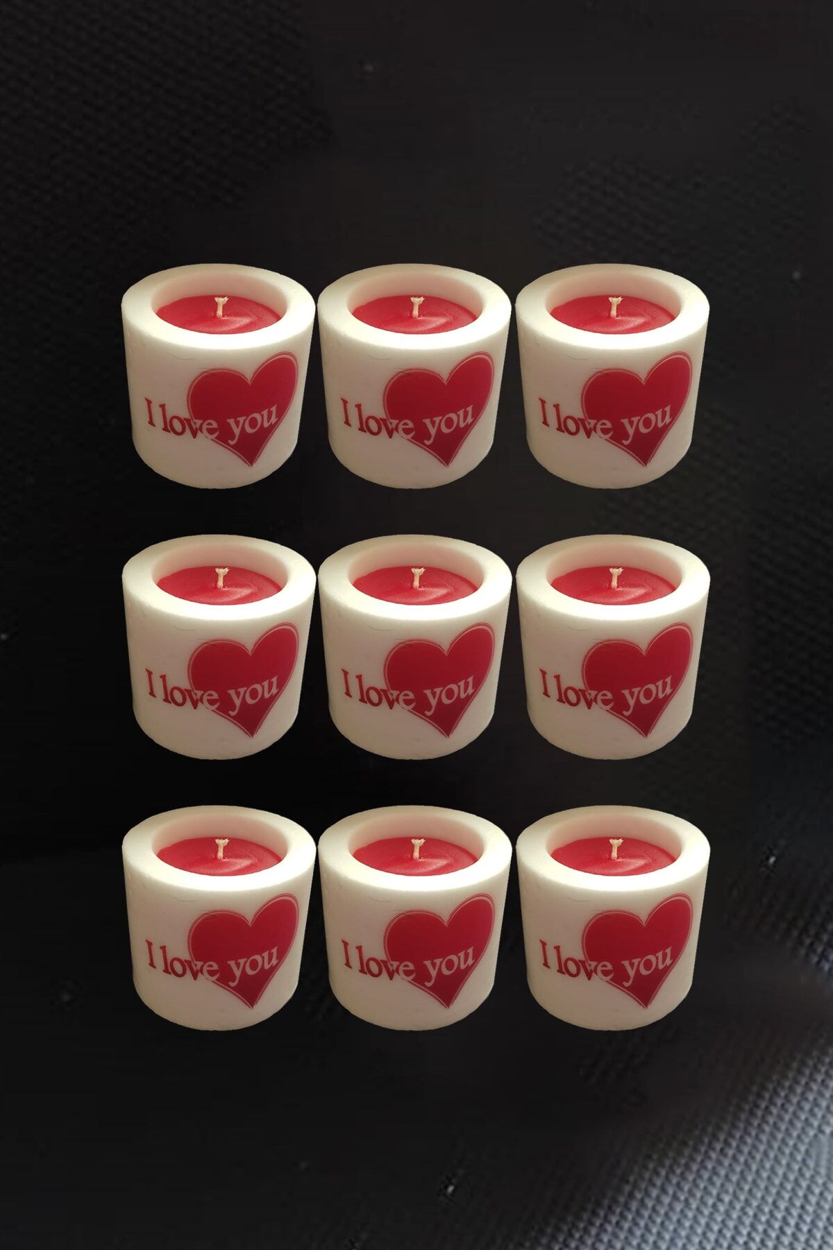 6 Cm Silindir Mum 9'lu Set Kalp Desenli
