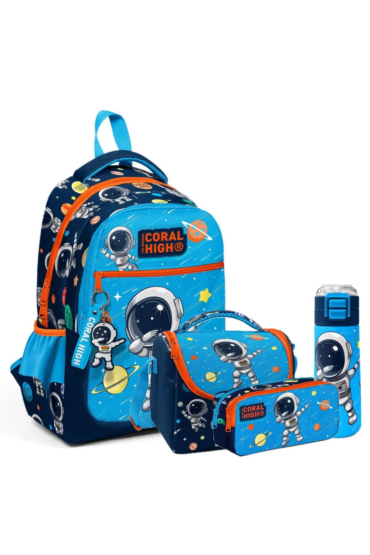 Kids Desenli 4'lü Okul Çanta Seti (Okul Çantası, Beslenme, Kalemlik, Matara) Mavi - Beyaz