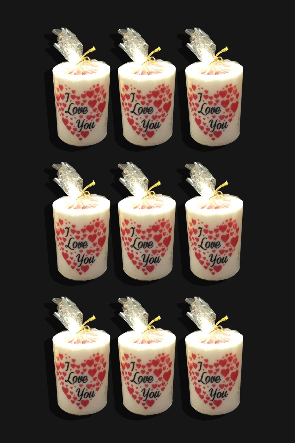 9 Cm Silindir Mum 9'lu Set Kalp Desenli