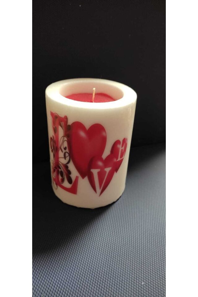 9 Cm Silindir Mum 9'lu Set Kalp Desenli