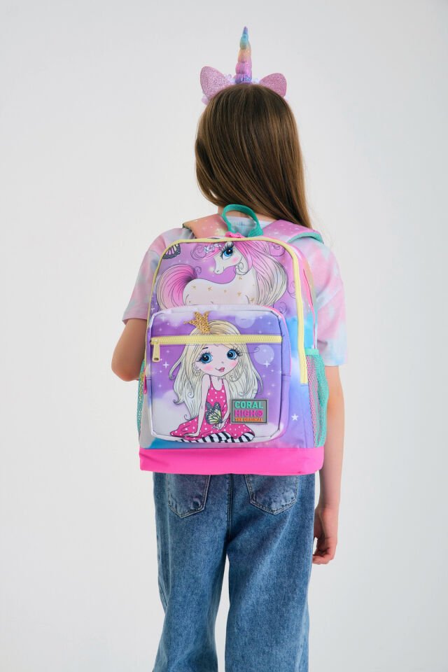 Kids Pembe Su Yeşili Unicornlu Kız Desenli Dört Bölmeli Okul Sırt Çantası 23733