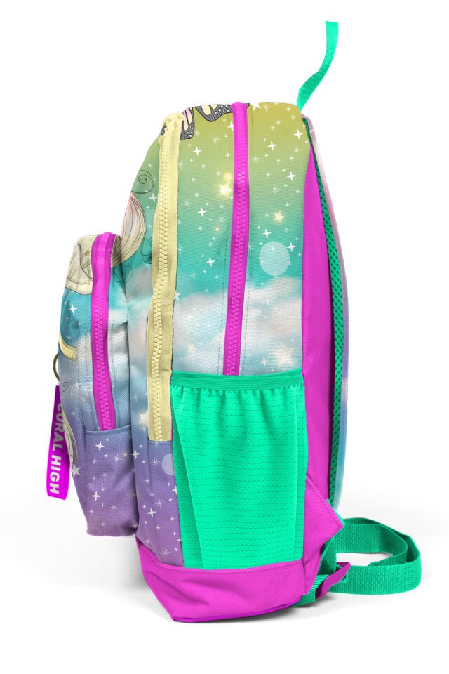 Kids Pembe Su Yeşili Unicornlu Kız Desenli Dört Bölmeli Okul Sırt Çantası 23733