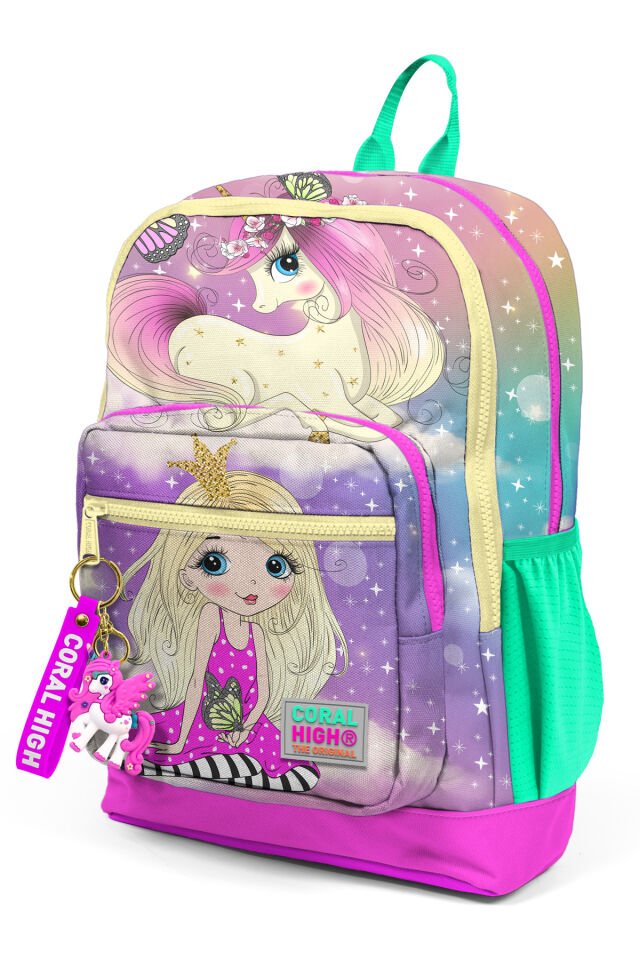Kids Pembe Su Yeşili Unicornlu Kız Desenli Dört Bölmeli Okul Sırt Çantası 23733
