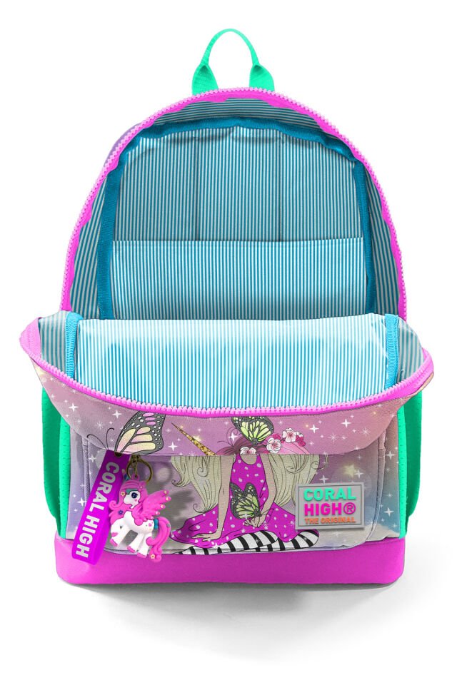 Kids Pembe Su Yeşili Unicornlu Kız Desenli Dört Bölmeli Okul Sırt Çantası 23733