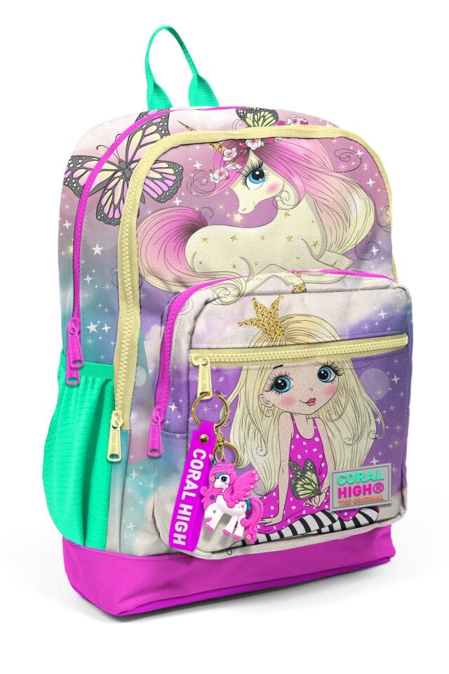 Kids Pembe Su Yeşili Unicornlu Kız Desenli Dört Bölmeli Okul Sırt Çantası 23733