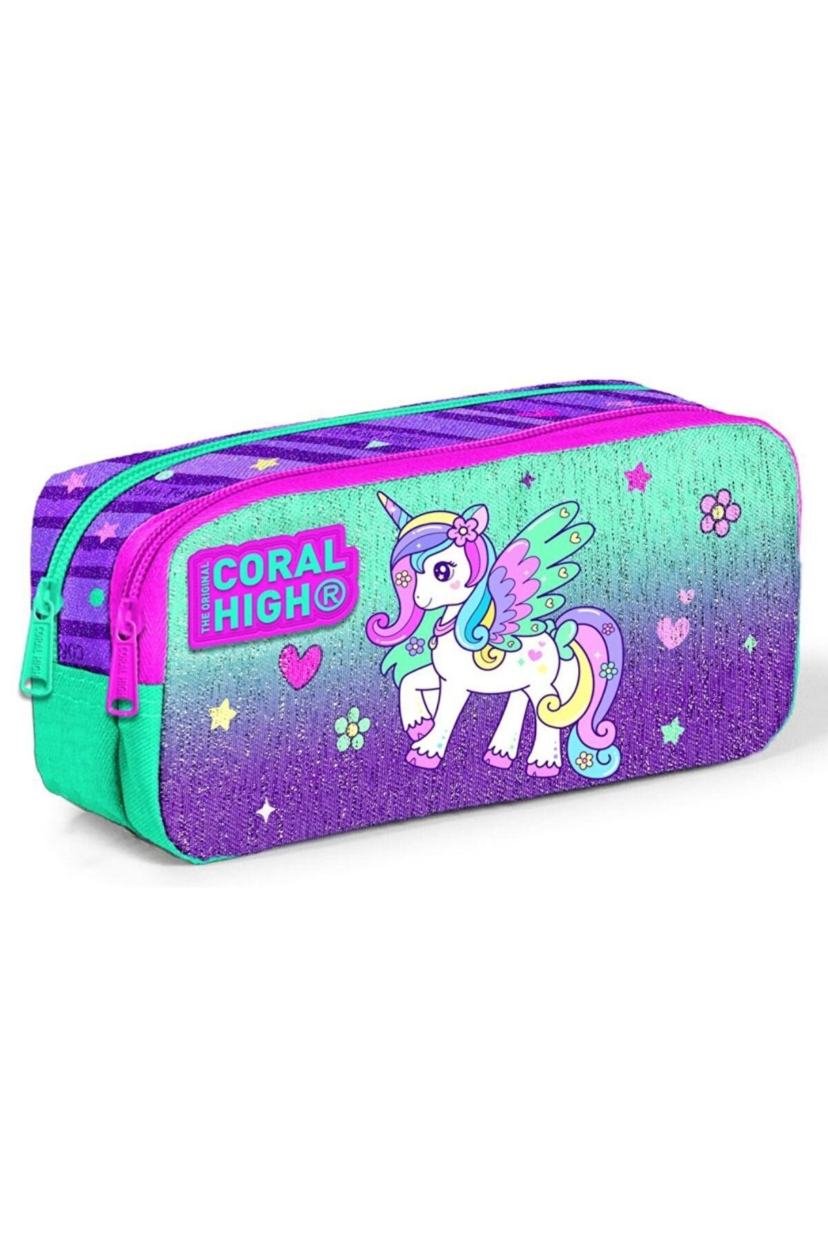 Kids Mor Su Yeşili Unicorn Desenli Iki Bölmeli Kalem Çantası 12059