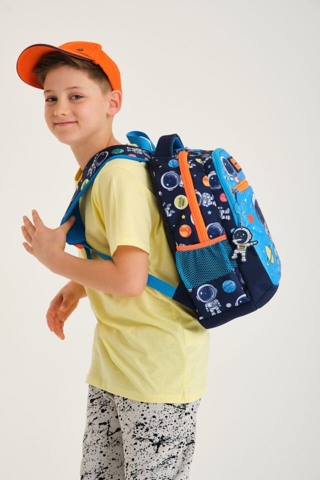 Kids Lacivert Mavi Astronot Desenli Üç Bölmeli Okul Sırt Çantası 23486