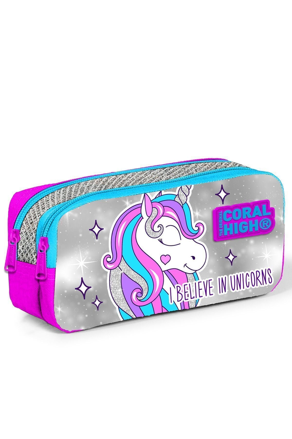 Kids Mor Su Yeşili Unicorn Desenli İki Bölmeli Kalem Çantası 22294 Gümüş