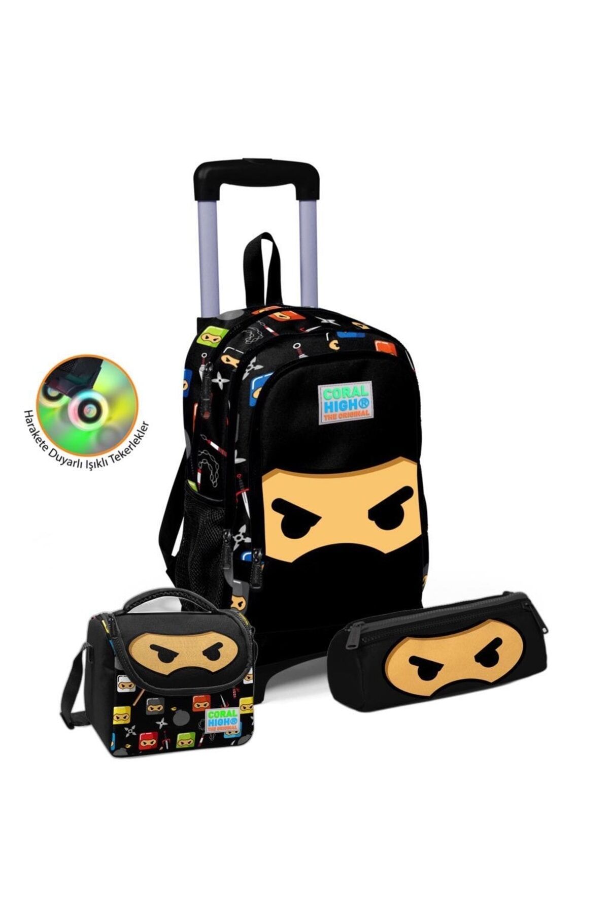 Kids Ninja Desenli Çekçek Çantalı 3'lü Set 23381 Siyah