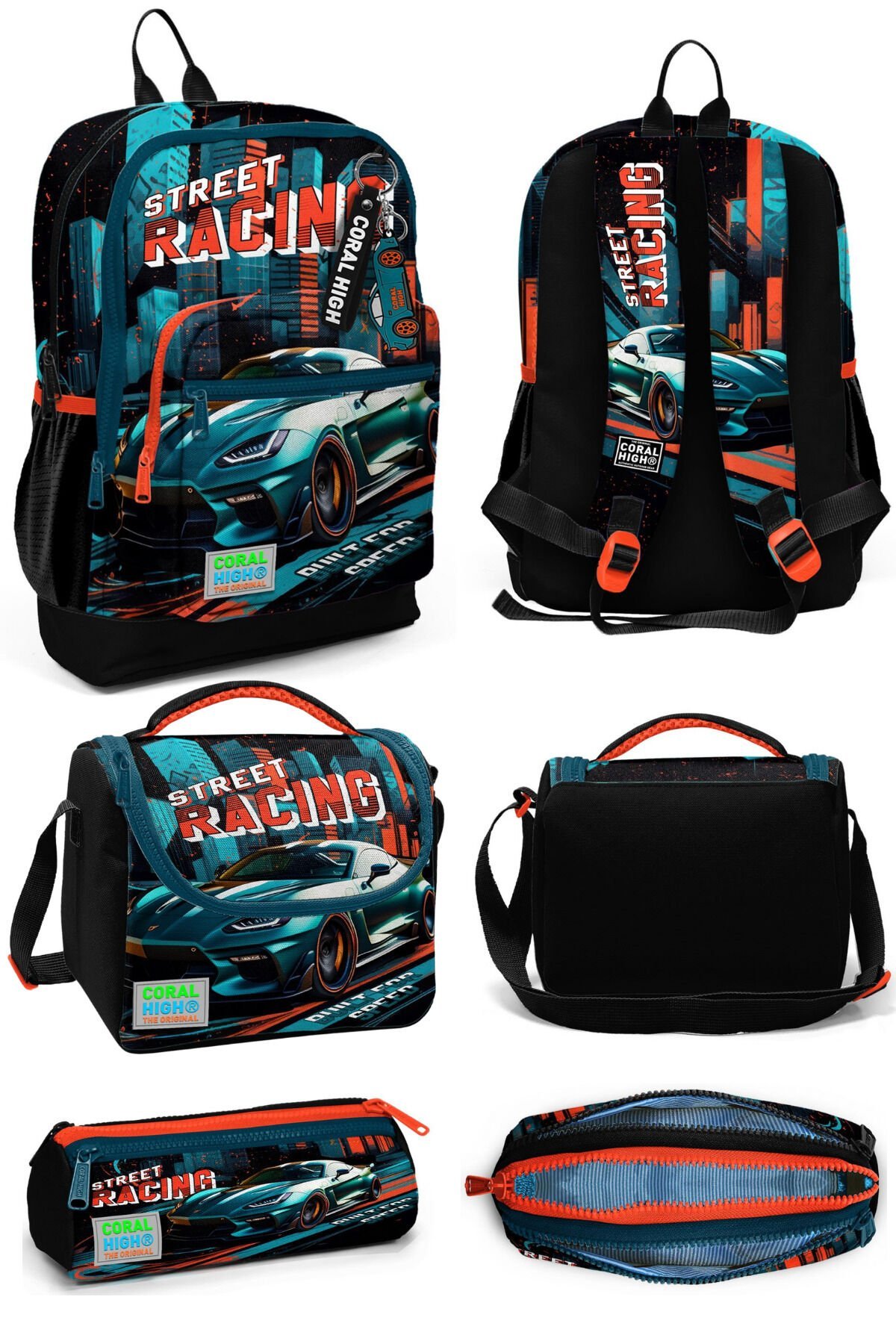 Siyah Nefti Yarış Arabası Desenli Dört Bölmeli Okul Sırt Çantası Beslenme Çantası Kalem Çantası23765