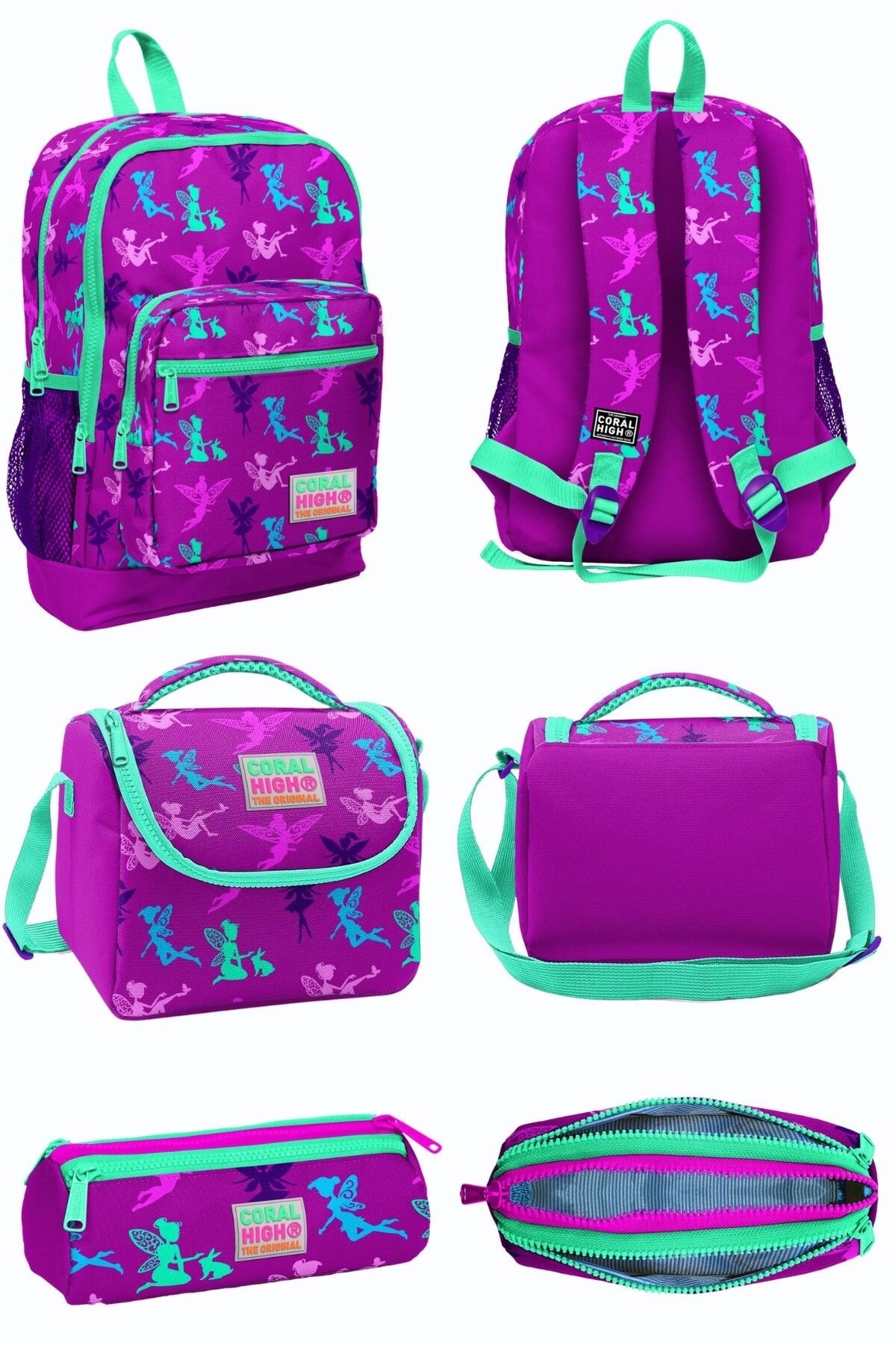 Koyu Pembe Su Yeşili Peri Desenli Dört Bölmeli Okul Sırt Çantası Beslenme Çantası Kalem Çantası