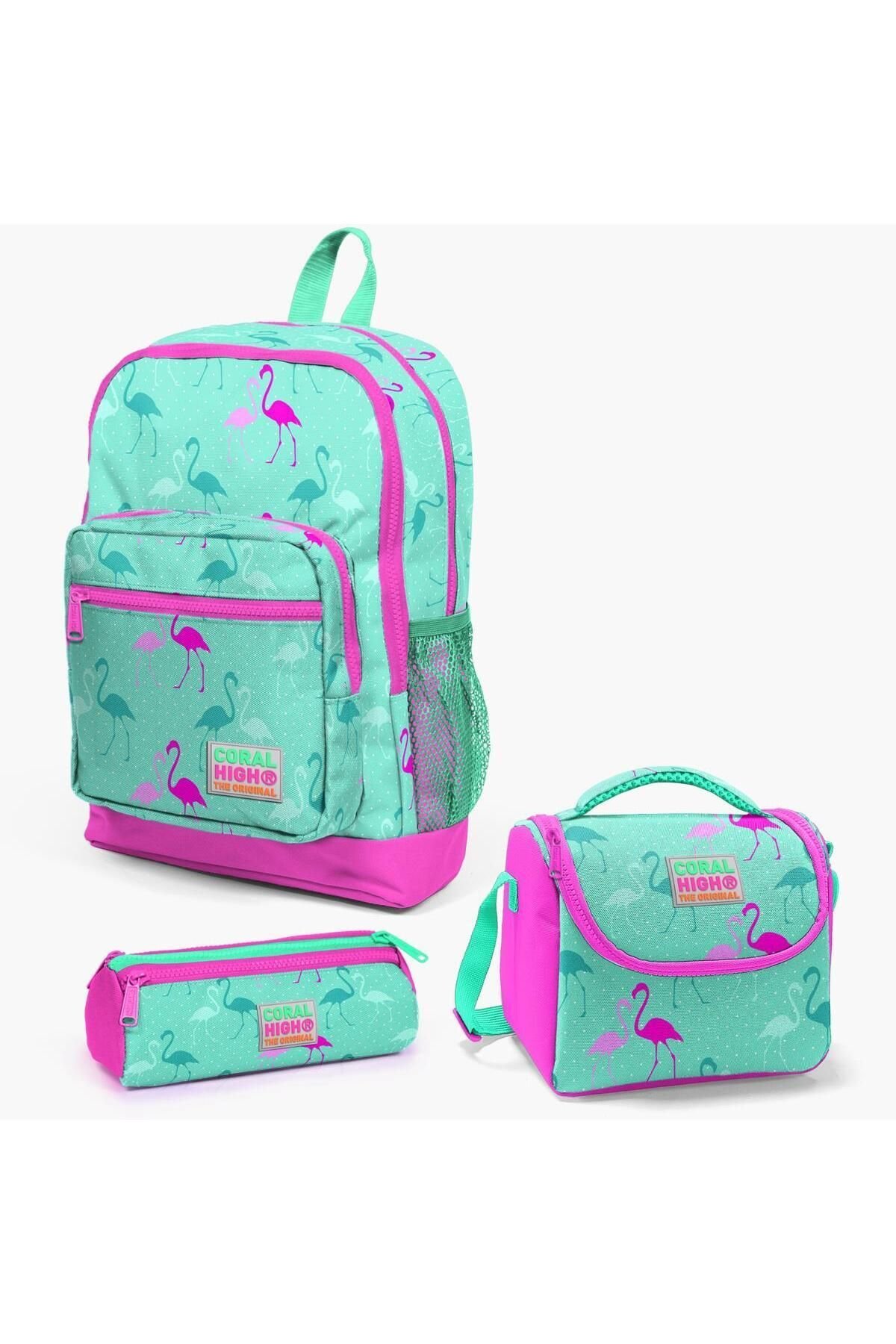 Coral High Kids Su Yeşili Neon Pembe Flamingo Desenli 3’lü Okul Çanta Seti