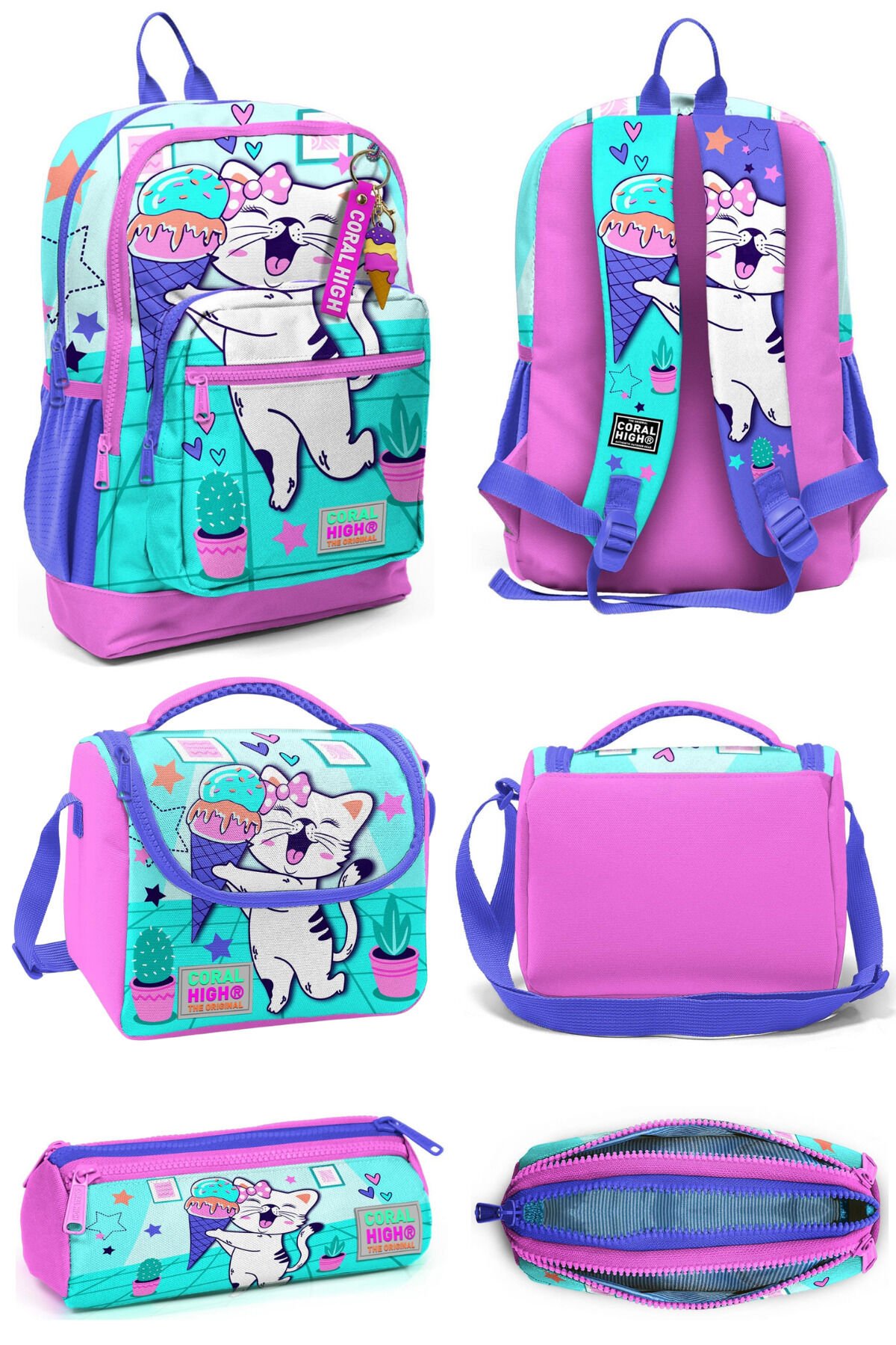 Turkuaz Pembe Dondurmalı Kedi Desenli Dört Bölmeli Okul Sırt Çantası Beslenme Çantası Kalem Çantası