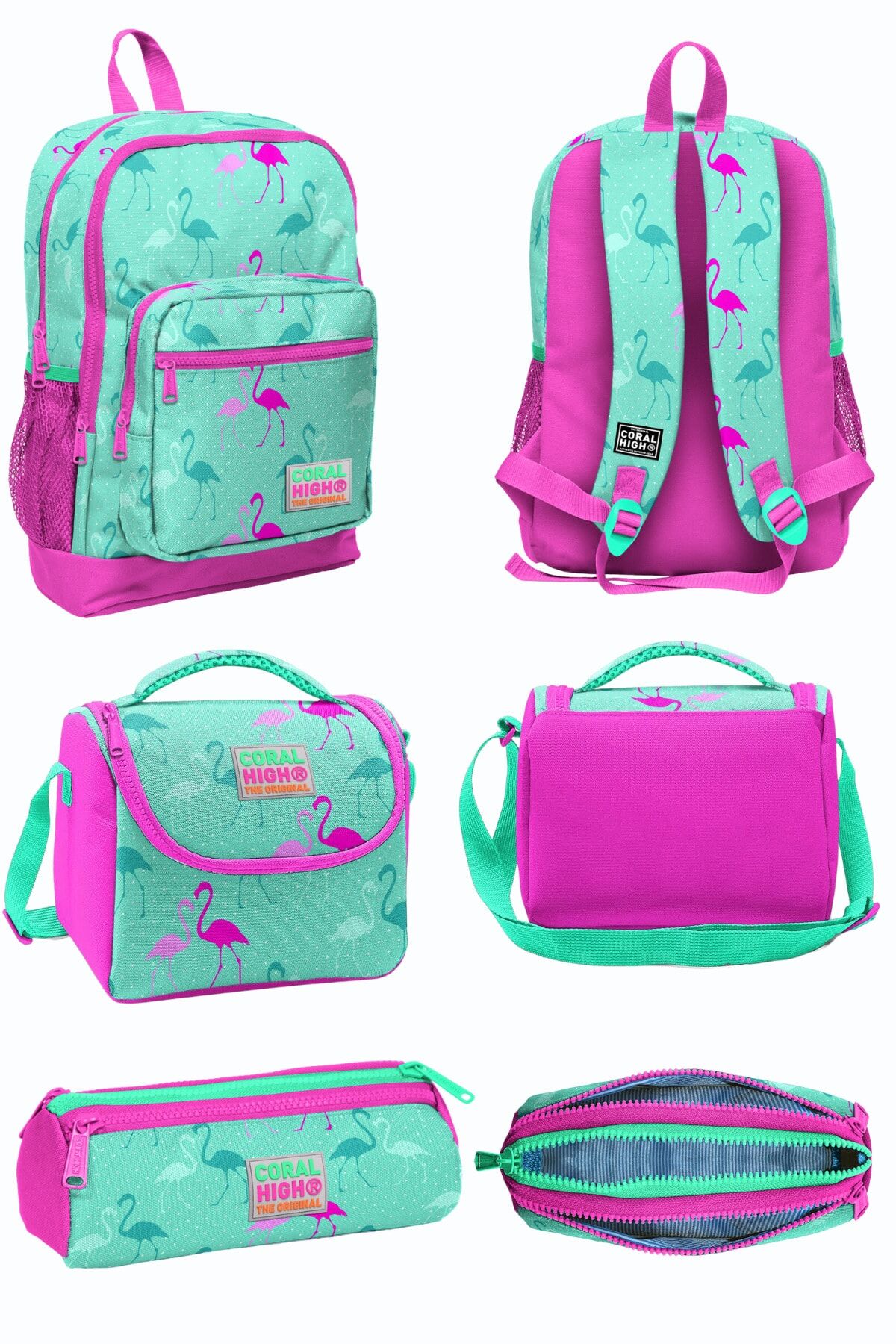 Su Yeşili Neon Pembe Flamingo Desenli Dört Bölmeli Okul Sırt Çantası Beslenme Çantası Kalem Çantası