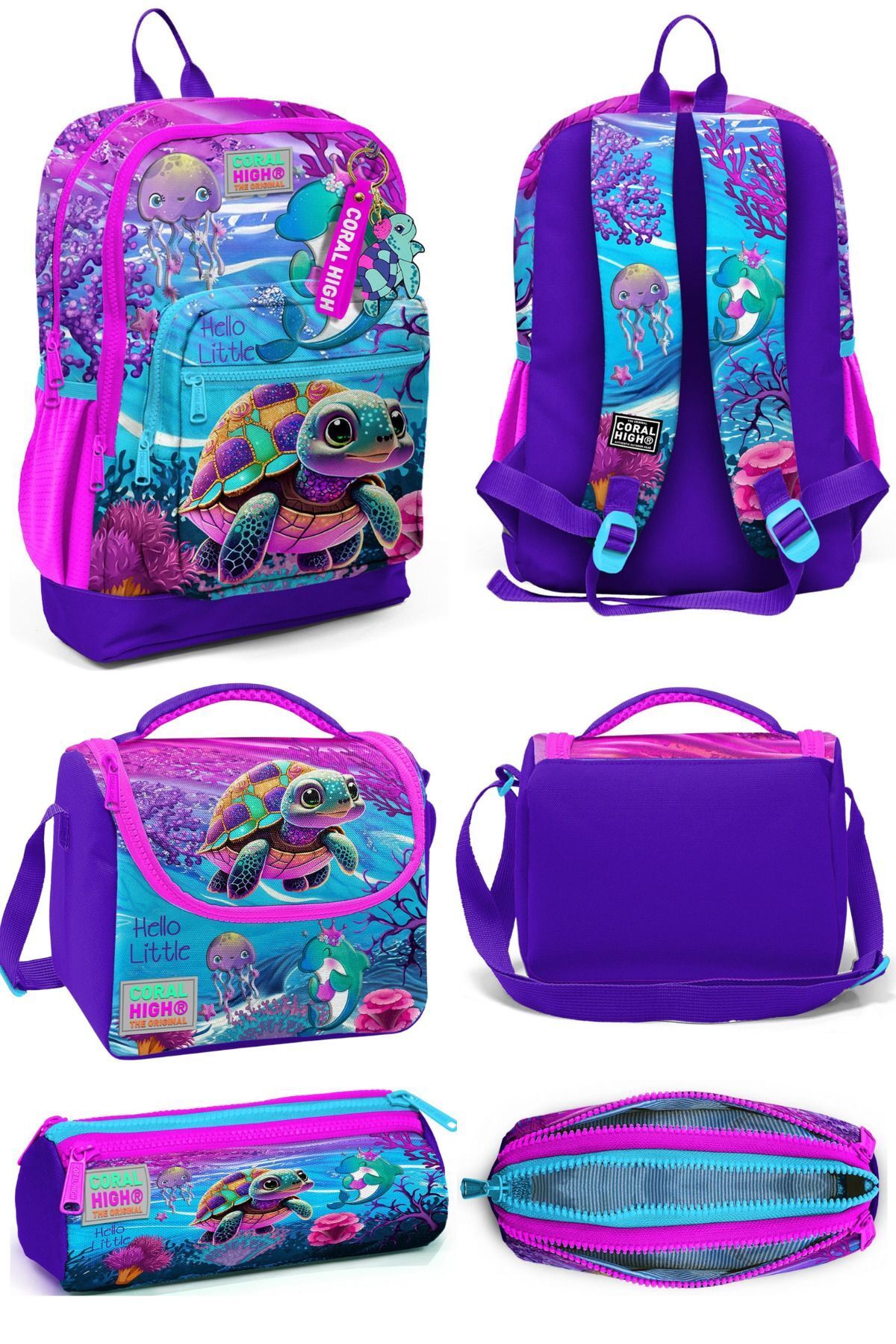 Pembe Mor Kaplumbağa Desenli Dört Bölmeli Okul Sırt Çantası Beslenme Çantası Kalem Çantası 23756Set