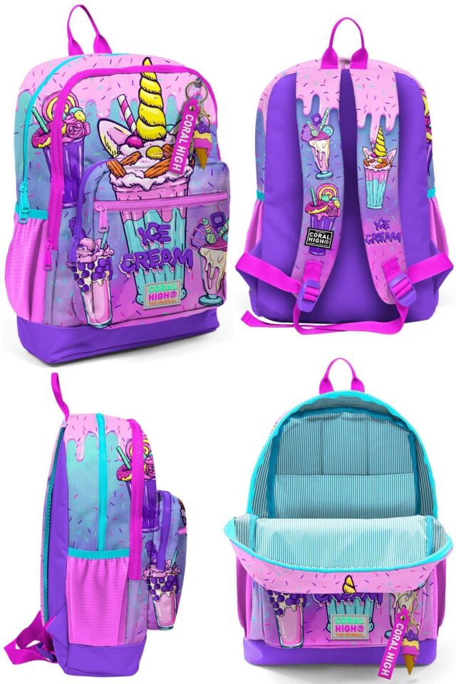 Kids Pembe Mor Milkshake Dondurma Desenli Okul Sırt Çantası Beslenme Çantası Kalem Çantası 23749Set