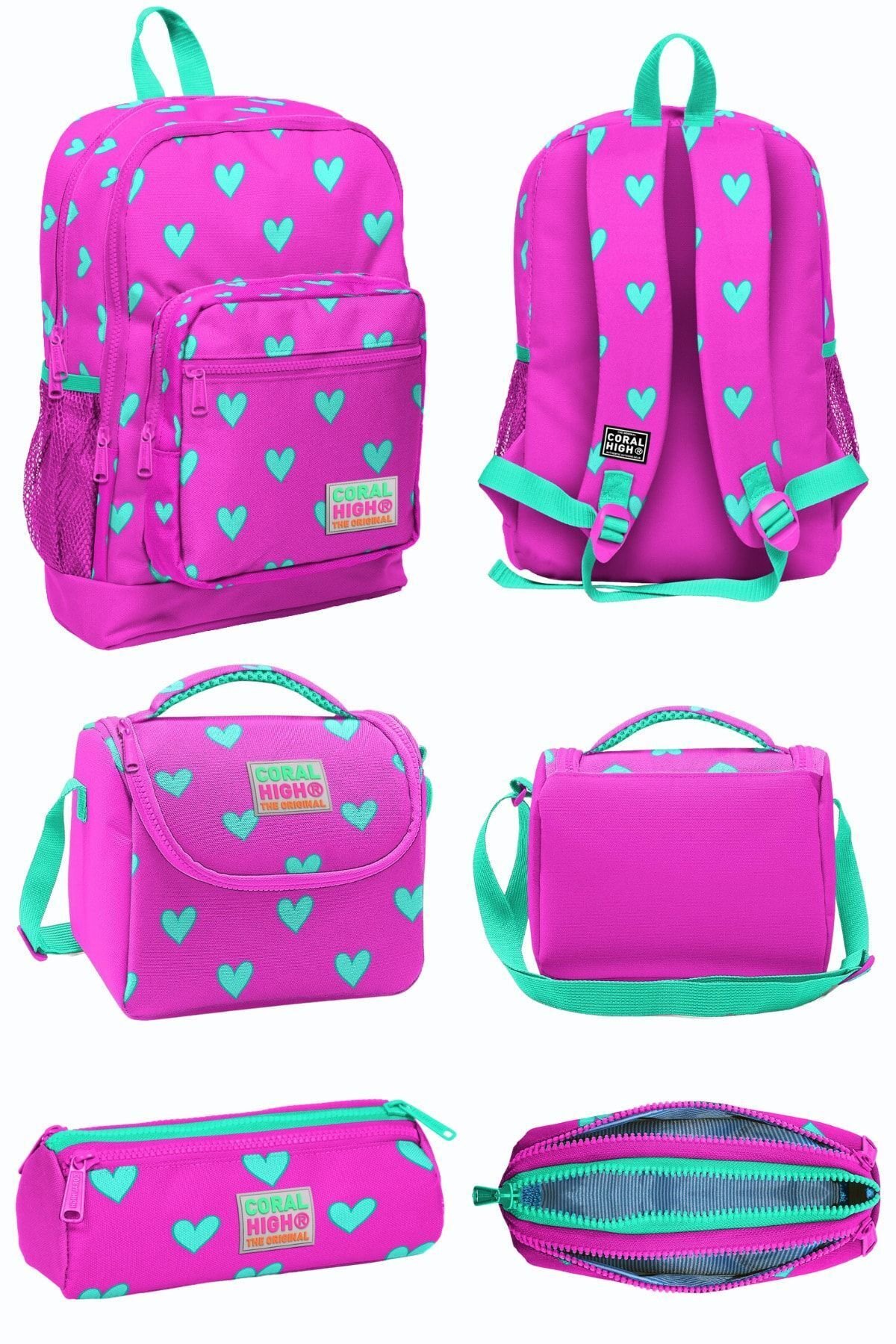 Neon Pembe Su Yeşili Kalp Desenli Dört Bölmeli Okul Sırt Çantası Beslenme Çantası Kalem Çantası