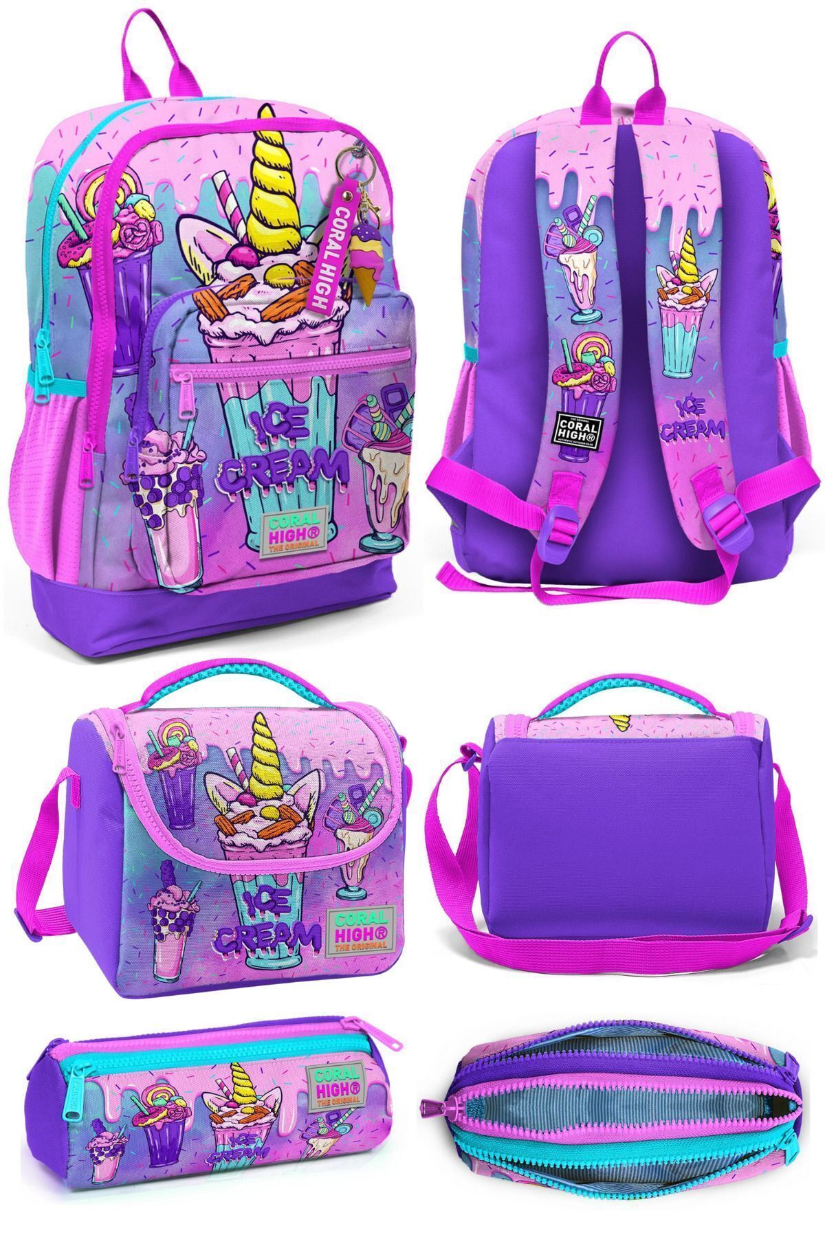 Kids Pembe Mor Milkshake Dondurma Desenli Okul Sırt Çantası Beslenme Çantası Kalem Çantası 23749Set