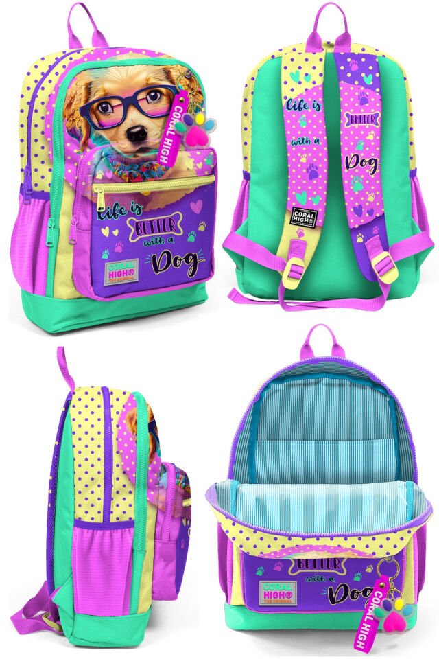 Sarı Pembe Sevimli Köpek Desenli Dört Bölmeli Okul Sırt Çantası Beslenme Çantası Kalem Çantası 23752