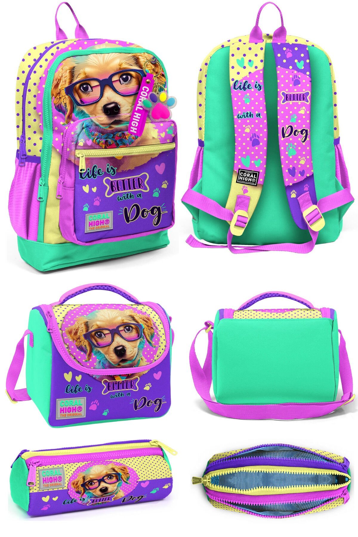 Sarı Pembe Sevimli Köpek Desenli Dört Bölmeli Okul Sırt Çantası Beslenme Çantası Kalem Çantası 23752