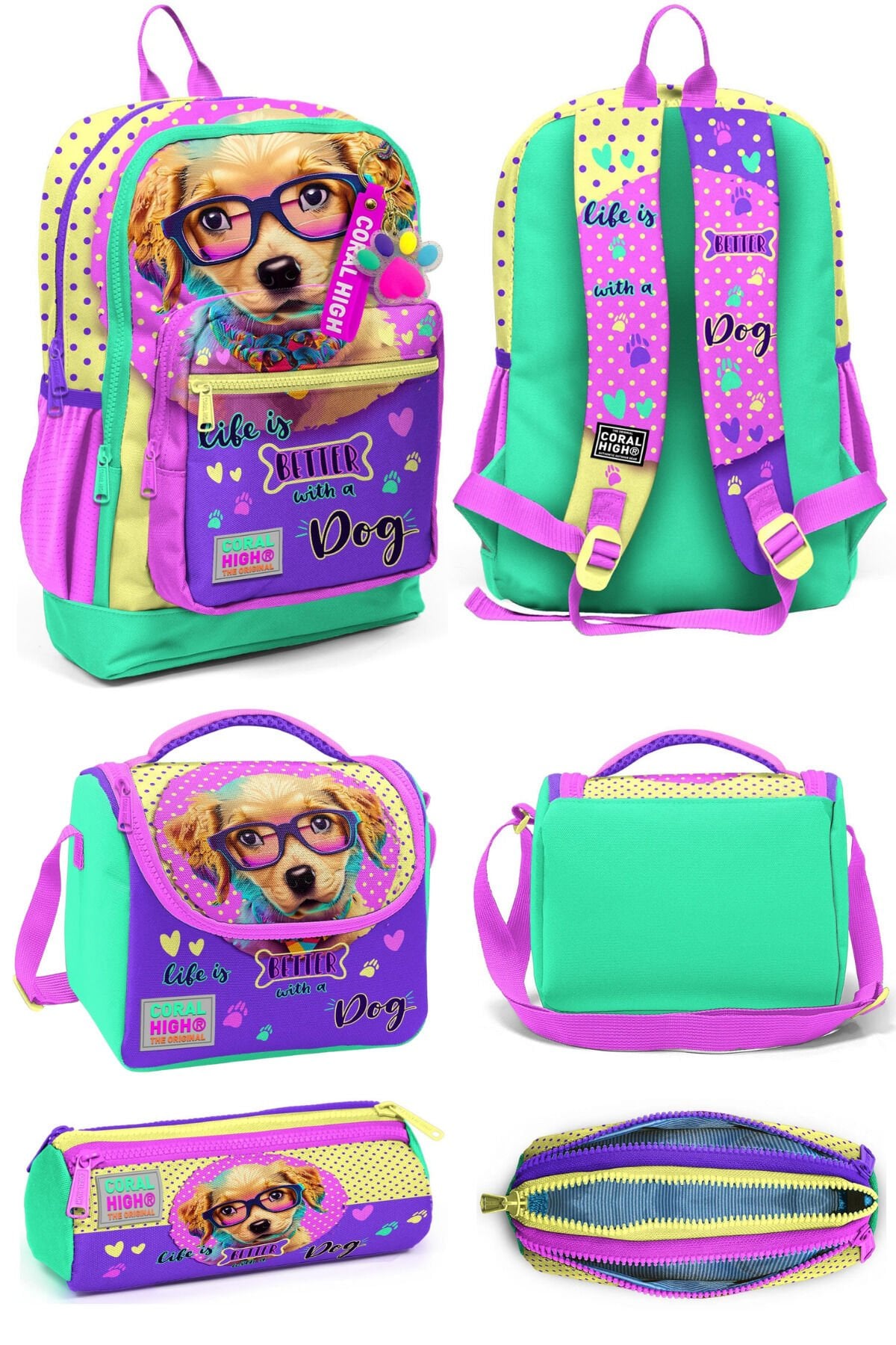 Sarı Pembe Sevimli Köpek Desenli Dört Bölmeli Okul Sırt Çantası Beslenme Çantası Kalem Çantası 23752