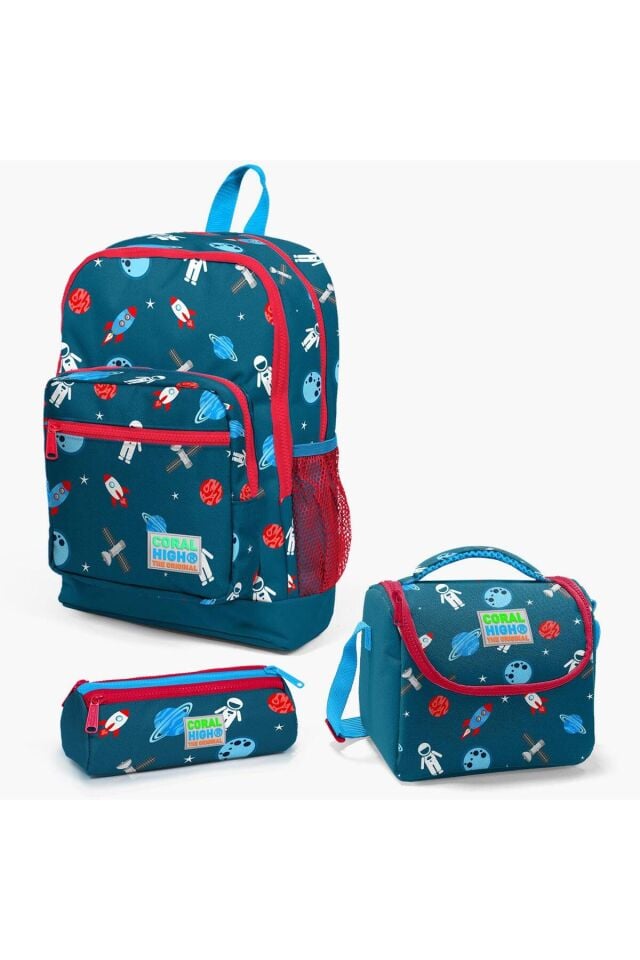 Kids Civit Kırmızı Uzay Desenli 3’lü Okul Çanta Seti