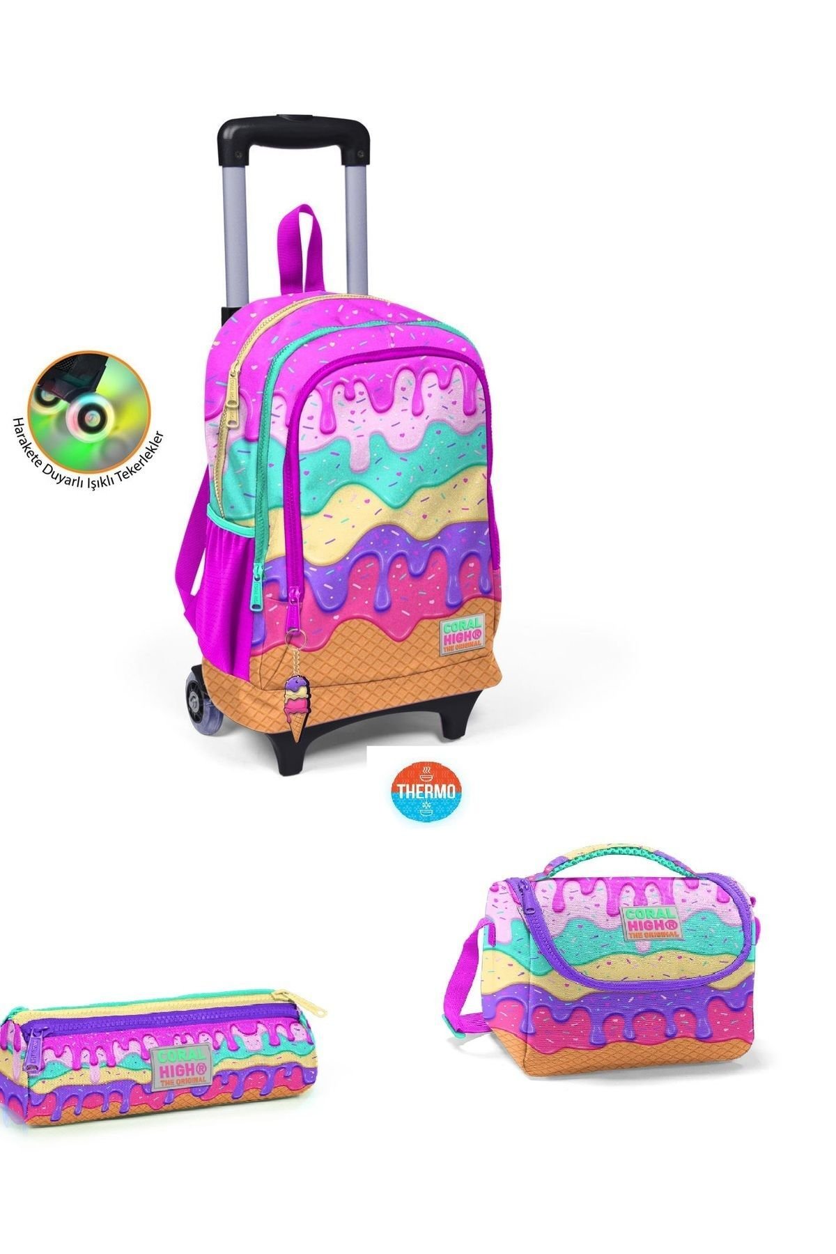 Coral High Kids Pembe Rengarenk Dondurma Desenli Çekçekli Çanta Seti