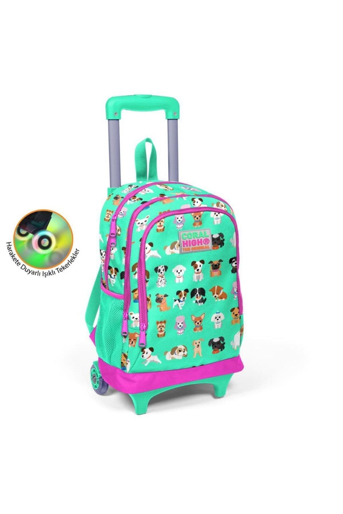 Kids Su Yeşili Neon Pembe Köpek Desenli Üç Bölmeli Çekçekli Okul Sırt Çantası 23362